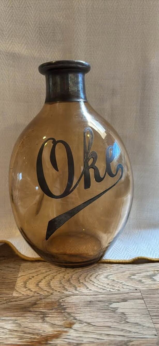 Vintage Hawaiian Okolehao Amber Glass Decanter – Silver Overlay Script MCM Tiki